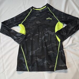 Spalding Camouflage Running Shirt Womens M 10/12 Black Neon Yellow Workout Gym